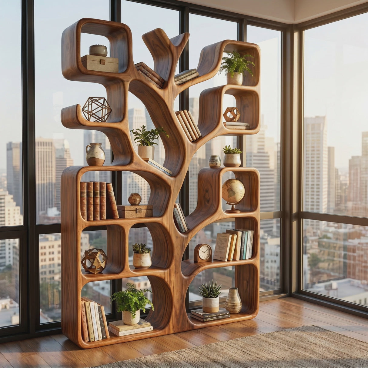 Handcrafted Solid Wood Tree Bookshelf with Organic Open Display Shelves