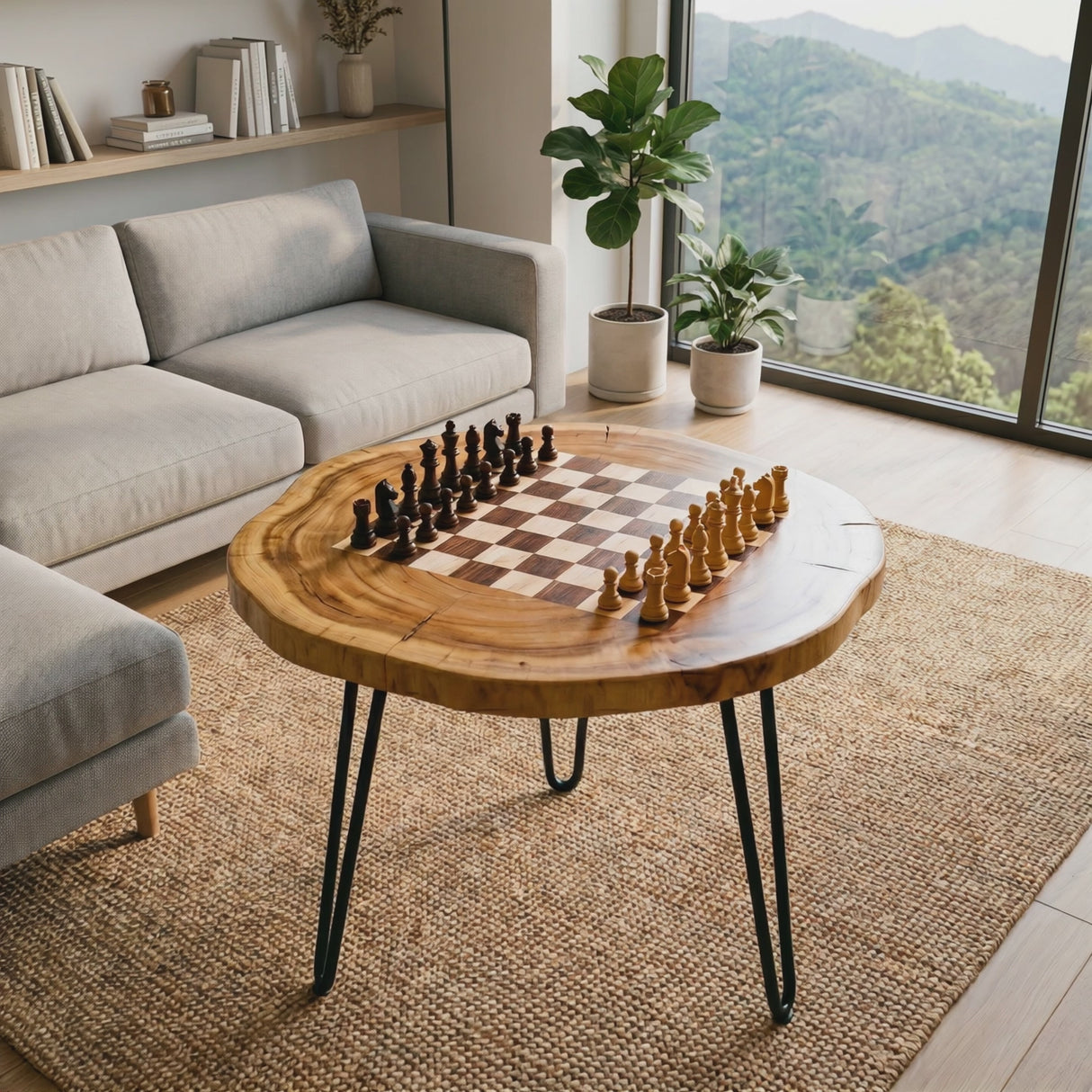Handcrafted Solid Wood Chess Coffee Table with Organic Round Top and Hairpin Legs