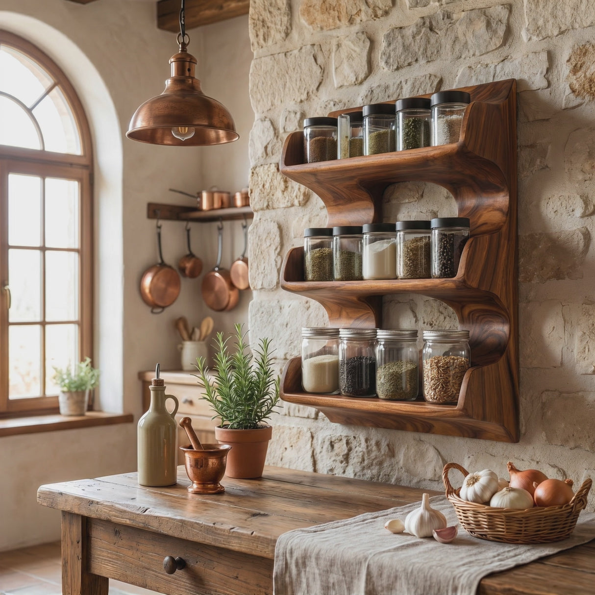 Solid Wood Organic Wall Spice Rack with Flowing Three Shelf Design