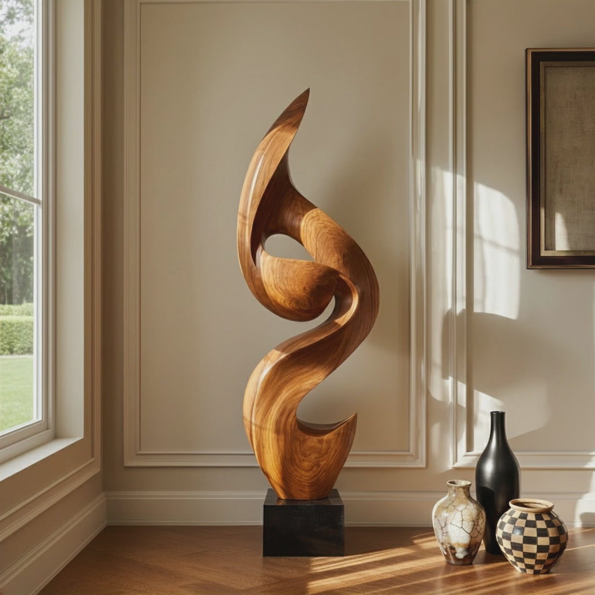 Tall Solid Wood Flowing Curve Floor Sculpture with Plinth for Modern Interiors