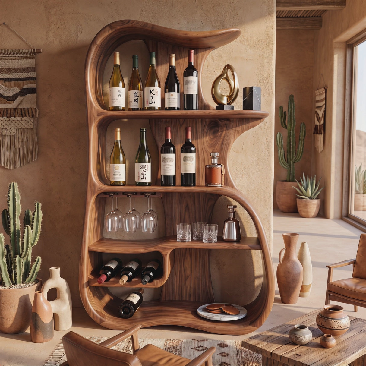 Wine Cabinet Solid Wood Organic Open Shelf Design for Dining Room