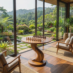 Handcrafted Round Solid Wood Chess Table with Twisted Pedestal Base