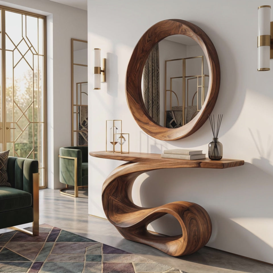 Console Table Solid Wood with Sculptural Loop Wave Base for Entryway Decor