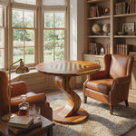 Solid Wood Round Chess Table with Curved Sculptural Pedestal Base