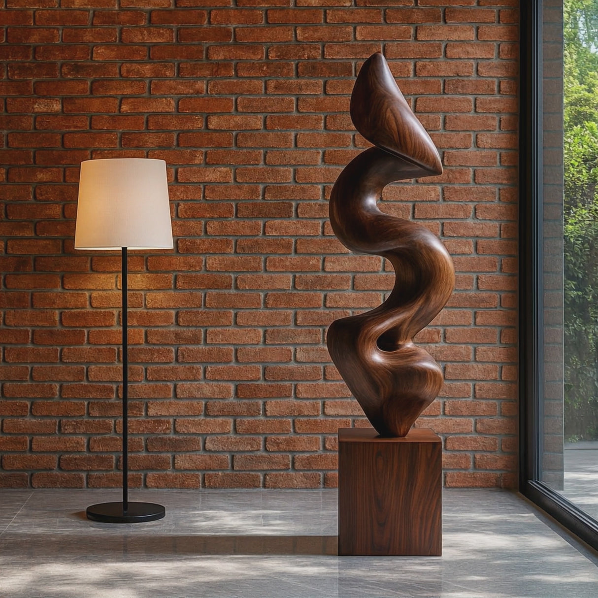 Handcrafted Solid Wood Floor Sculpture with Flowing Vertical Ribbon Form