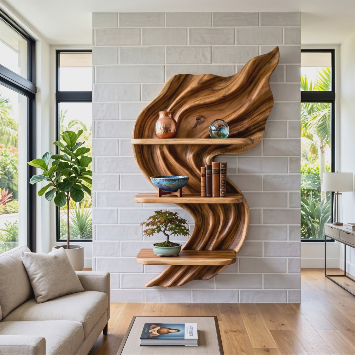 Flowing Flame Wood Wall Shelf with Three Display Tiers