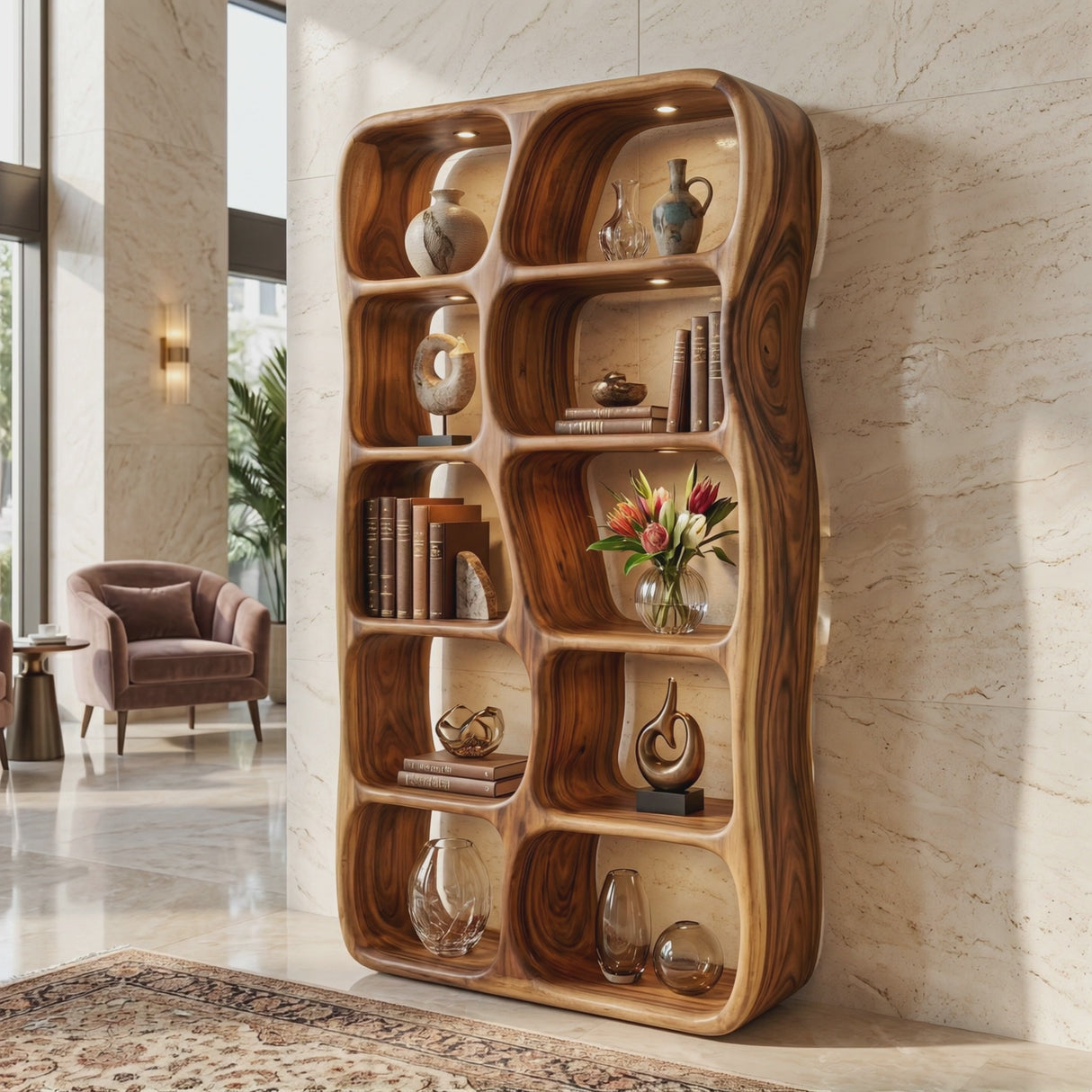 Sculptural Solid Wood Bookshelf with Organic Open Niches