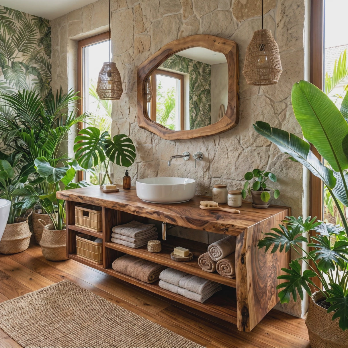 Solid Wood Bathroom Vanity with Open Storage and Vessel Sink