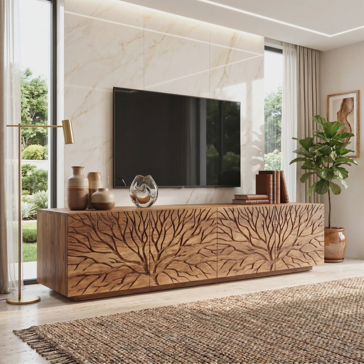 Solid Wood TV Console with Branch Carved Door Fronts