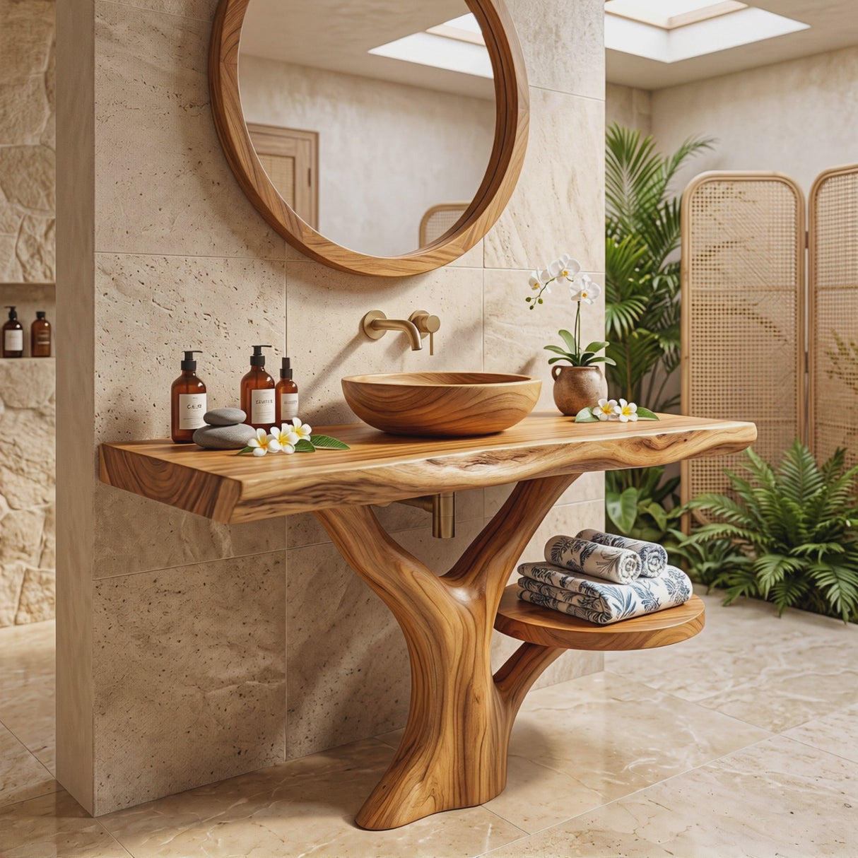 Bathroom Vanity Solid Wood with Tree Inspired Pedestal and Side Shelf for Spa Bathroom