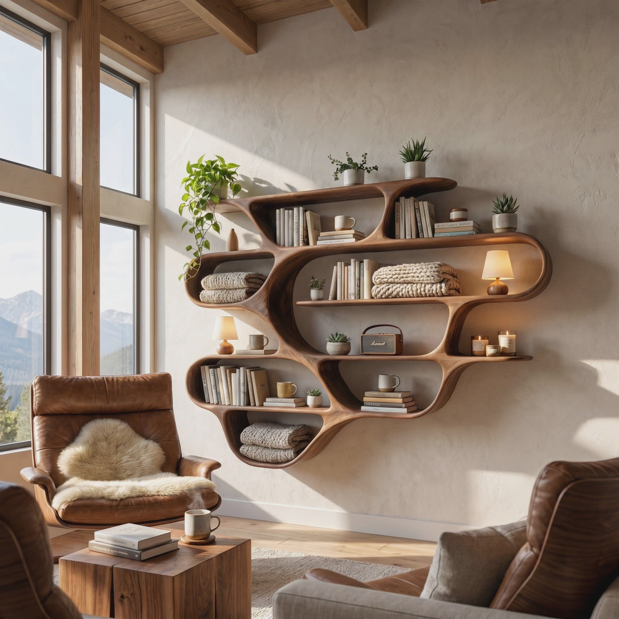 Large Organic Solid Wood Wall Bookshelf with Wave Shelf Compartments