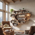 Large Organic Solid Wood Wall Bookshelf with Wave Shelf Compartments