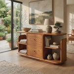 Natural Solid Wood Sideboard with Two Drawers and Open Display Shelves