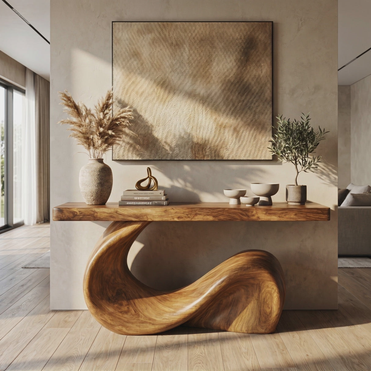 Console Table Solid Wood with Sculptural Wave Base for Entryway Decor