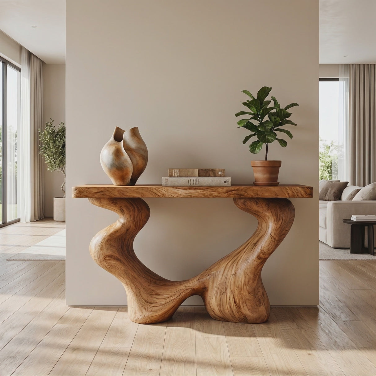 Console Table Solid Wood with Sculptural Open Arch Base for Entryway Decor