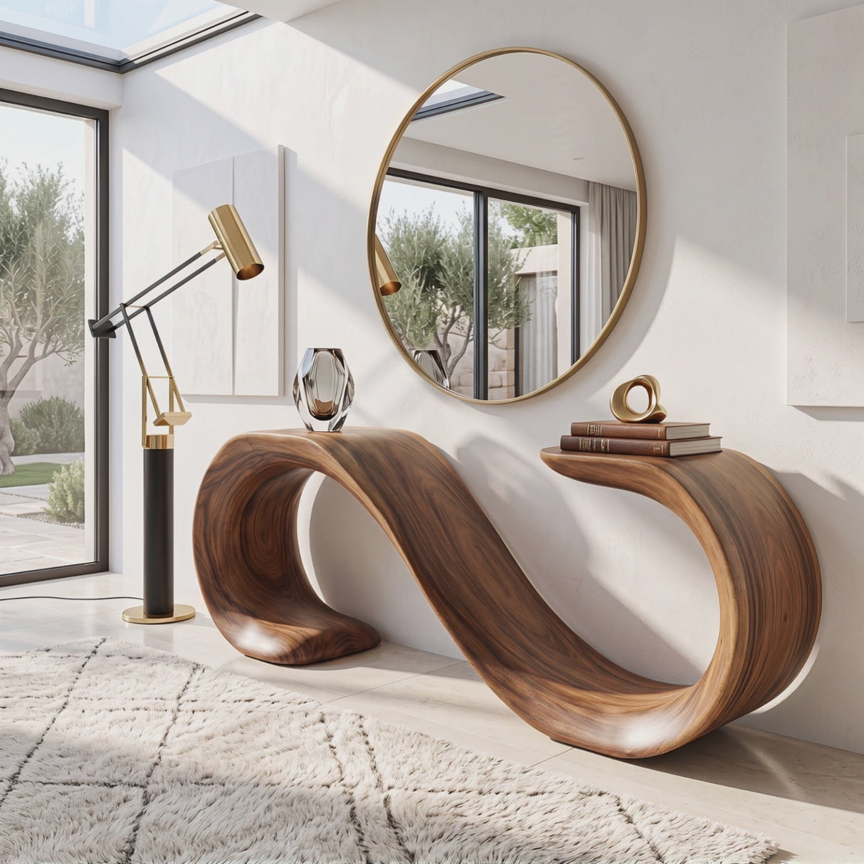 Solid Wood Console Table with Sculptural Double Loop Base for Entryway Decor