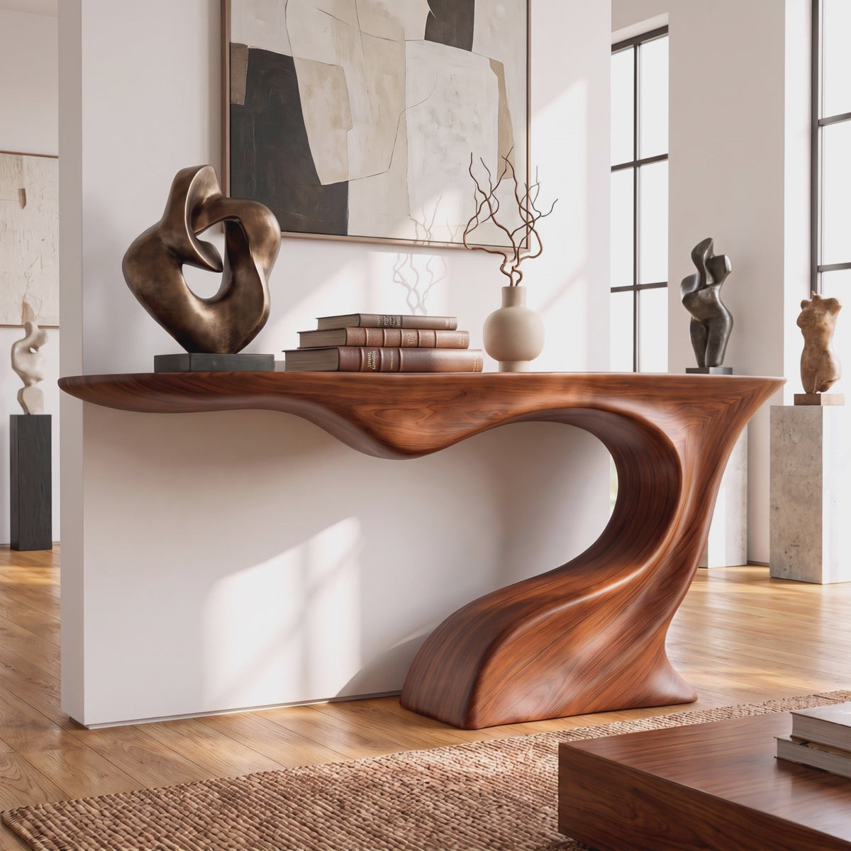 Console Table Solid Wood with Sculptural Arch Base
