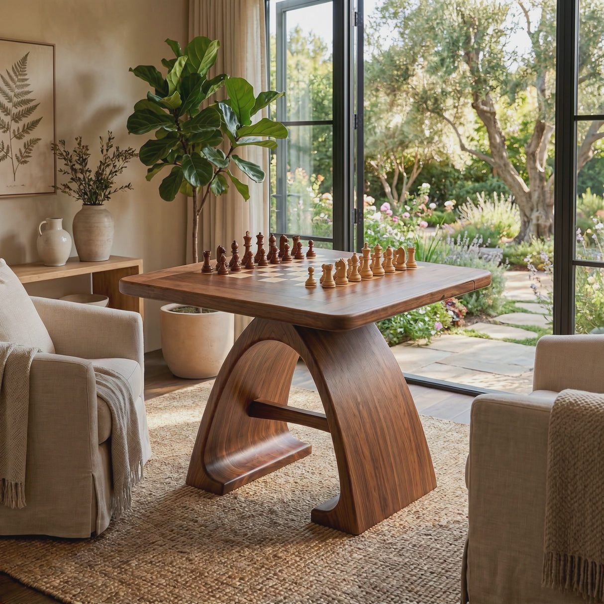 Handcrafted Solid Wood Chess Table with Arched Sculptural Pedestal Base