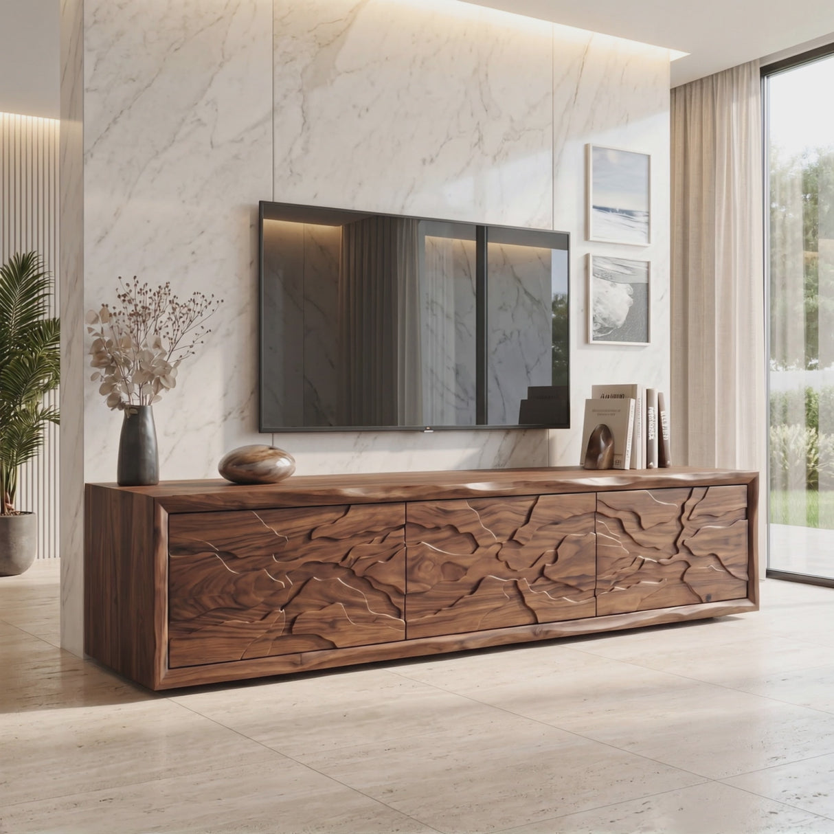 Solid Wood TV Console with Organic Landscape Carved Doors