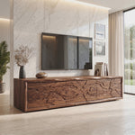 Solid Wood TV Console with Organic Landscape Carved Doors