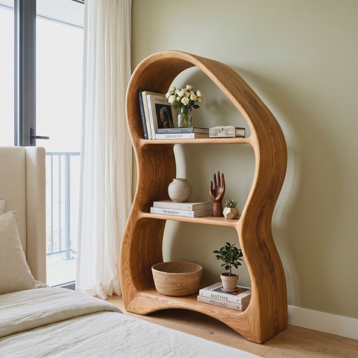 Organic Solid Wood Bookshelf with Sculptural Curved Frame