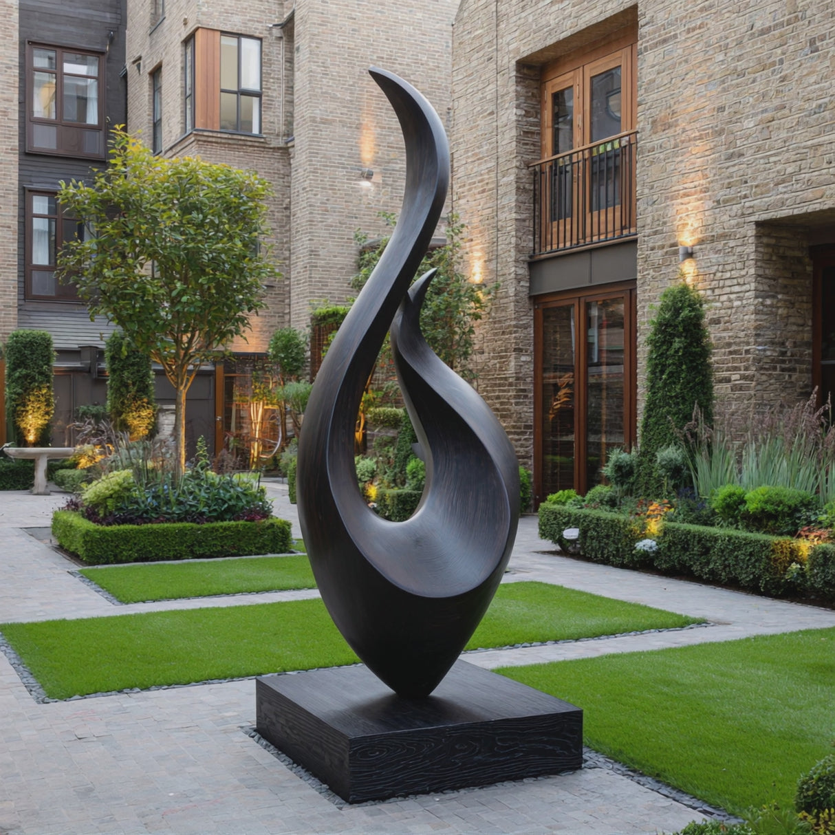 Large Outdoor Solid Wood Flame Sculpture with Plinth for Courtyards and Modern Gardens