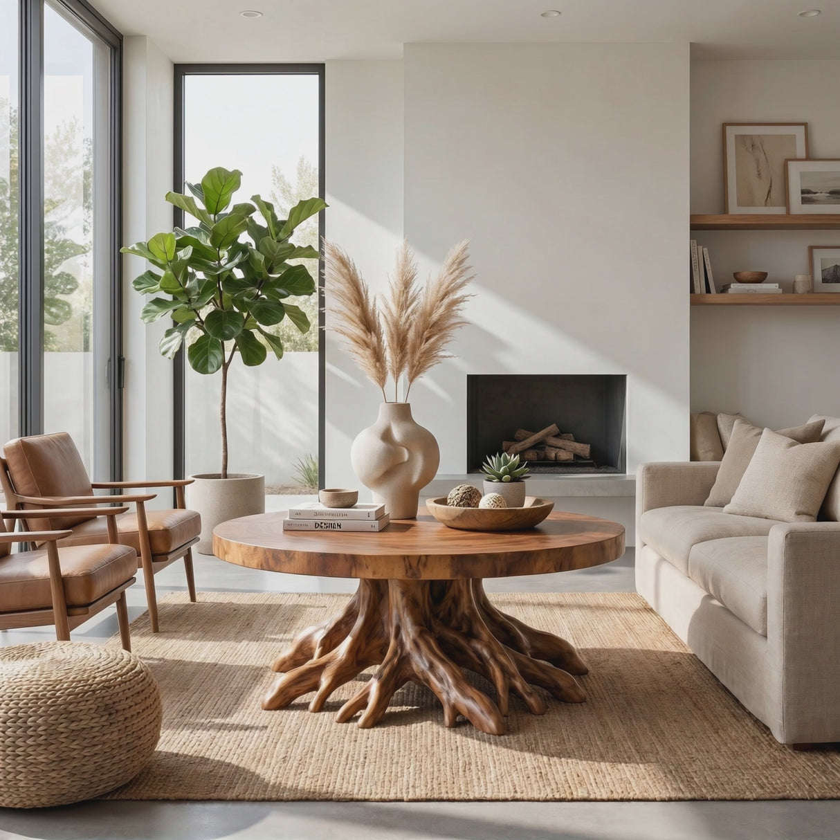 Round Solid Wood Coffee Table with Sculptural Root Base