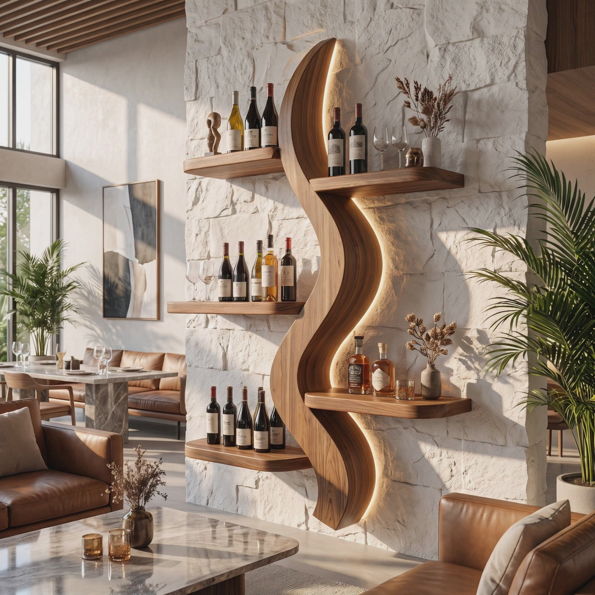 Wall Wine Rack Solid Wood with Sculptural S Curve Shelves for Dining Room