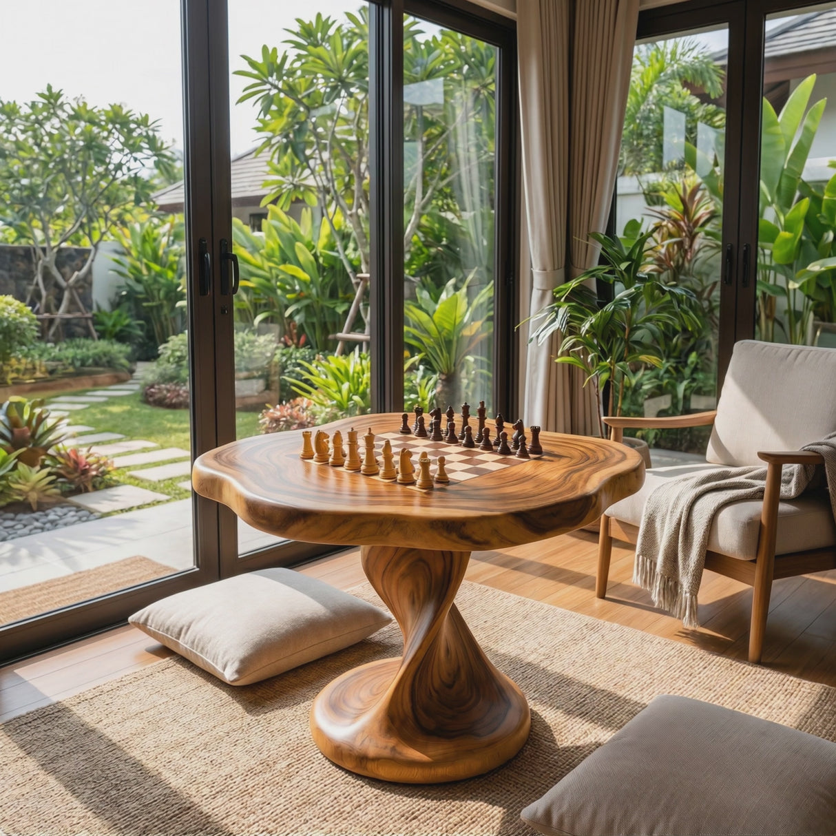Handcrafted Solid Wood Chess Table with Organic Square Top and Pedestal Base