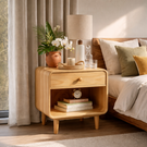 Handmade Solid Wood Nightstand with Rounded Frame Drawer and Open Shelf Storage