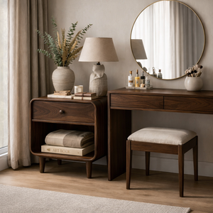 Handmade Solid Wood Nightstand with Rounded Frame Drawer and Open Shelf Storage