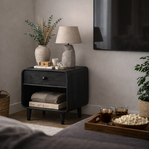 Handmade Solid Wood Nightstand with Rounded Frame Drawer and Open Shelf Storage