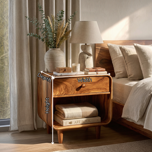 Handmade Solid Wood Nightstand with Rounded Frame Drawer and Open Shelf Storage