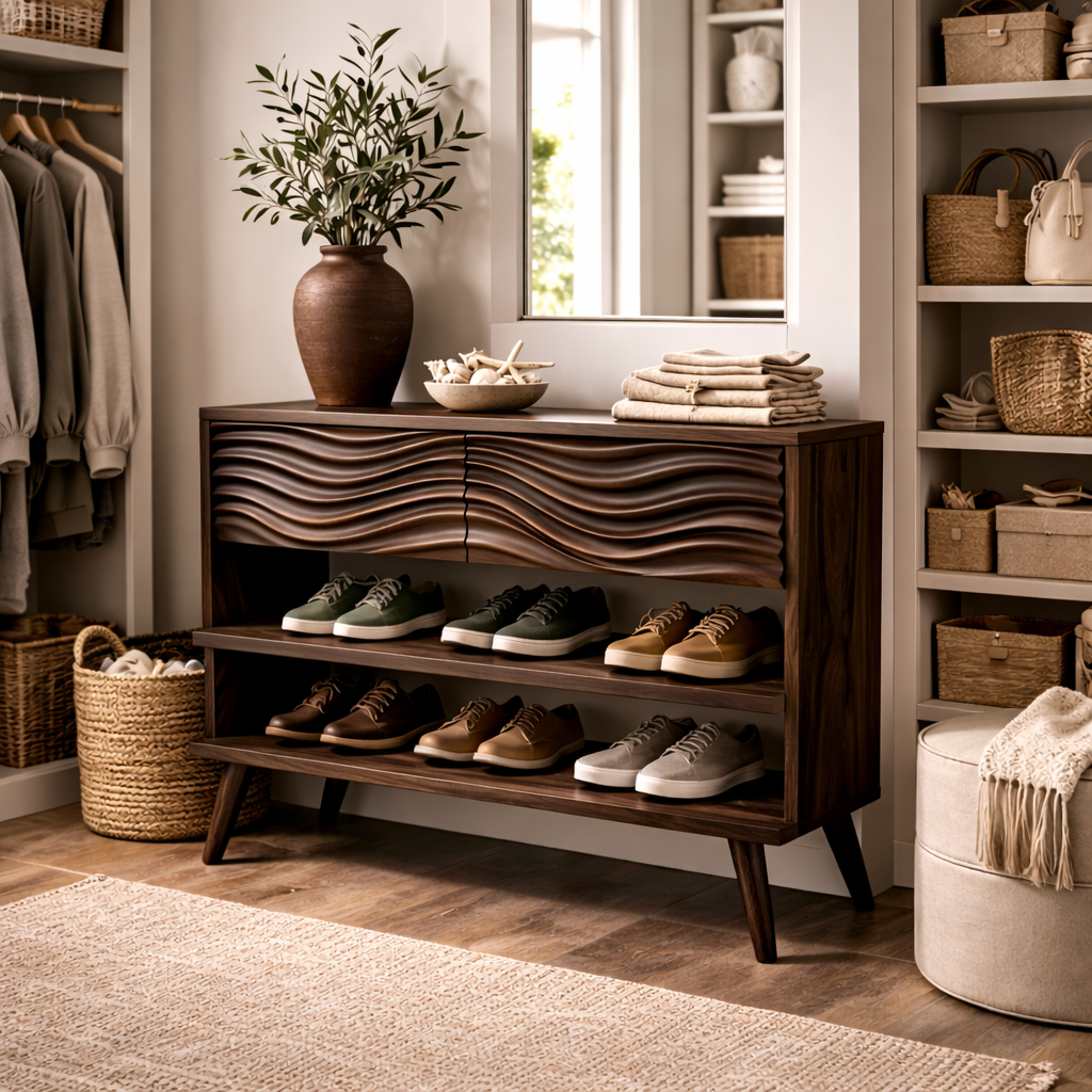 Handcrafted Solid Wood Shoe Cabinet with Wave Carved Drawer Front and Open Shelving