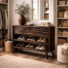 Handcrafted Solid Wood Shoe Cabinet with Wave Carved Drawer Front and Open Shelving