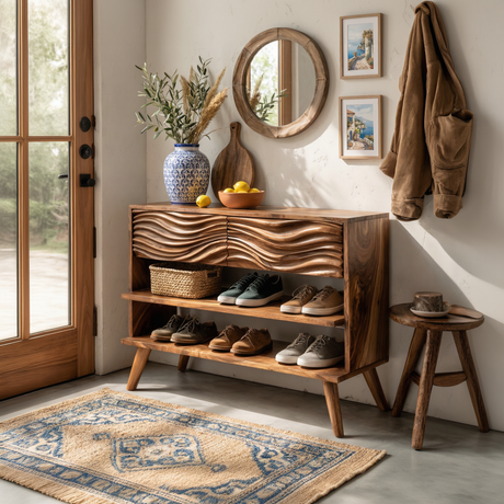 Handcrafted Solid Wood Shoe Cabinet with Wave Carved Drawer Front and Open Shelving