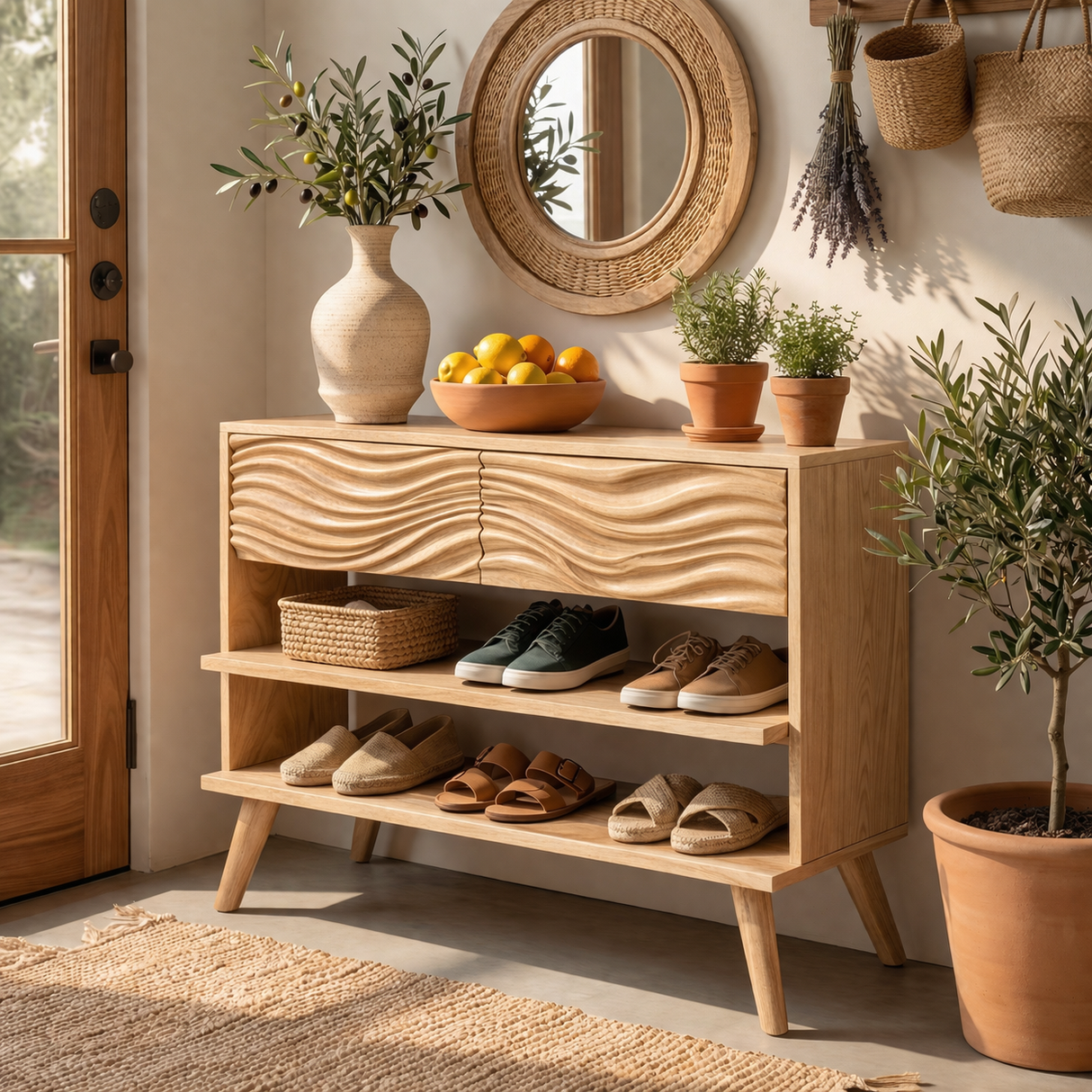 Handcrafted Solid Wood Shoe Cabinet with Wave Carved Drawer Front and Open Shelving