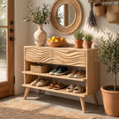Handcrafted Solid Wood Shoe Cabinet with Wave Carved Drawer Front and Open Shelving