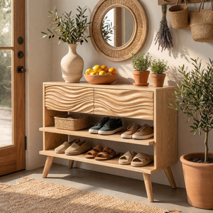 Handcrafted Solid Wood Shoe Cabinet with Wave Carved Drawer Front and Open Shelving