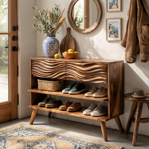 Handcrafted Solid Wood Shoe Cabinet with Wave Carved Drawer Front and Open Shelving