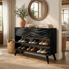 Handcrafted Solid Wood Shoe Cabinet with Wave Carved Drawer Front and Open Shelving