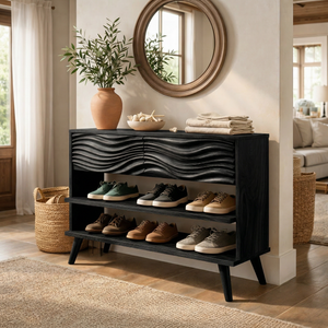 Handcrafted Solid Wood Shoe Cabinet with Wave Carved Drawer Front and Open Shelving