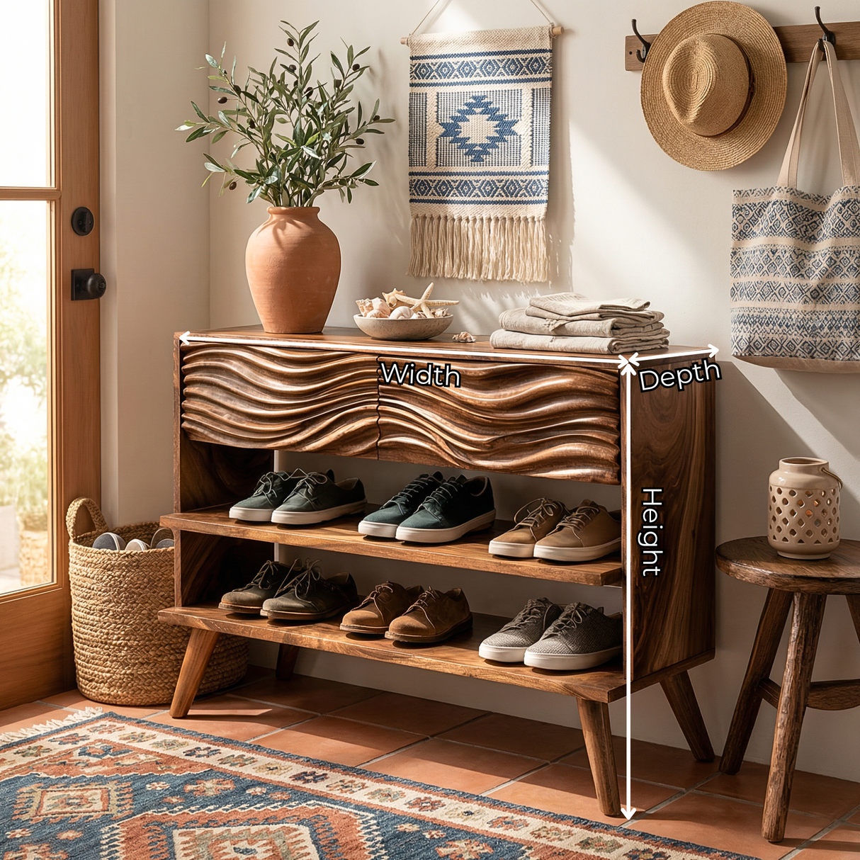 Handcrafted Solid Wood Shoe Cabinet with Wave Carved Drawer Front and Open Shelving