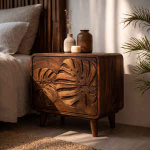 Handcrafted Solid Wood Nightstand with Tropical Leaf Carved Front