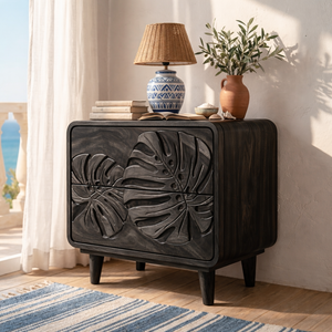 Handcrafted Solid Wood Nightstand with Tropical Leaf Carved Front