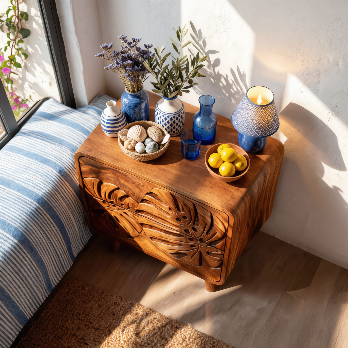 Handcrafted Solid Wood Nightstand with Tropical Leaf Carved Front