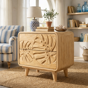 Handcrafted Solid Wood Nightstand with Tropical Leaf Carved Front