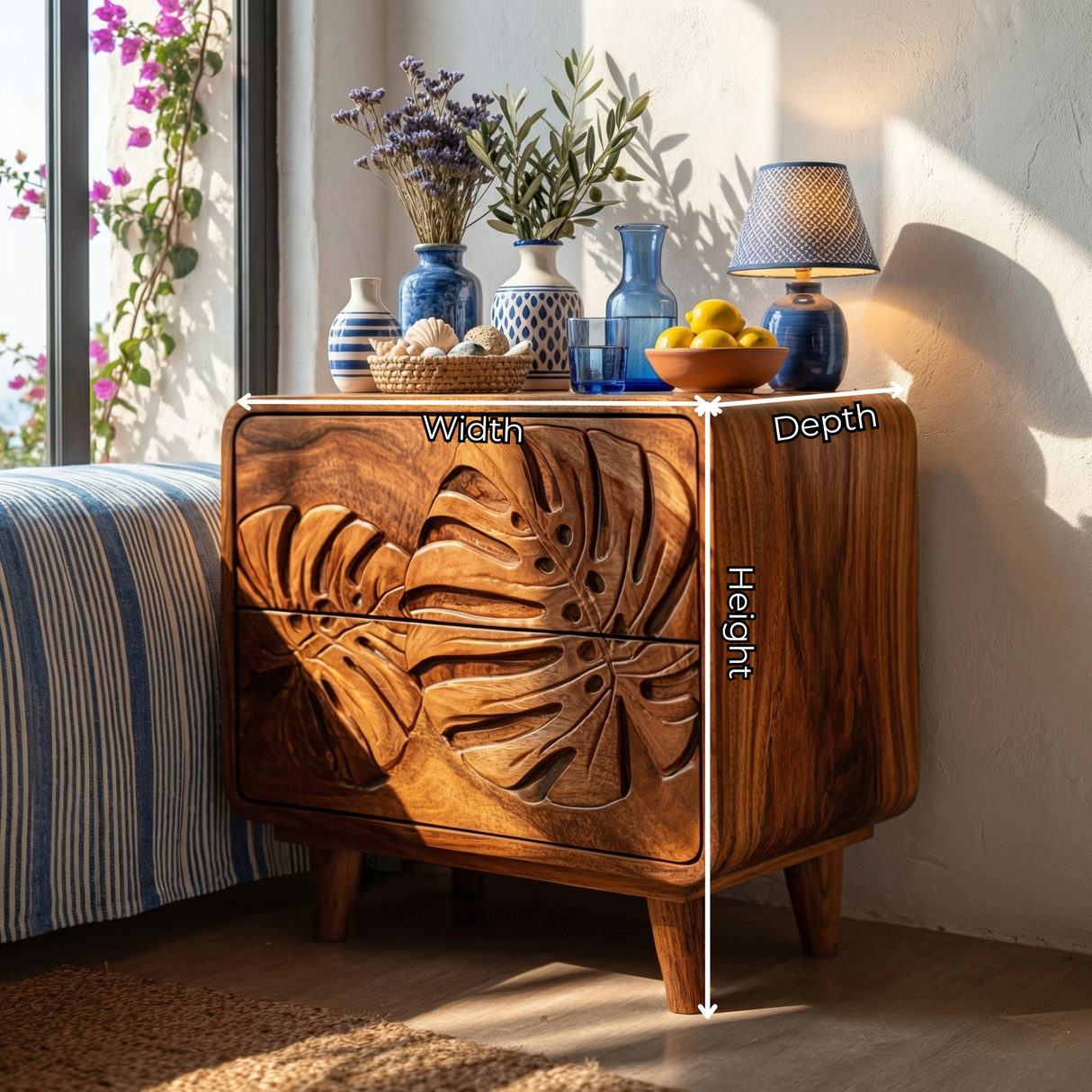 Handcrafted Solid Wood Nightstand with Tropical Leaf Carved Front