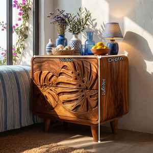Handcrafted Solid Wood Nightstand with Tropical Leaf Carved Front
