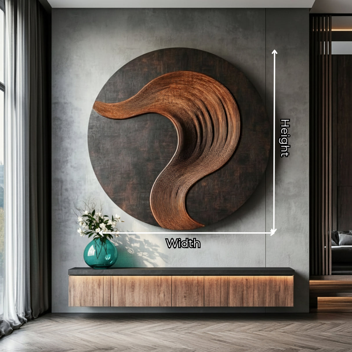 Round Solid Wood Wall Art with Sculptural Curved Relief